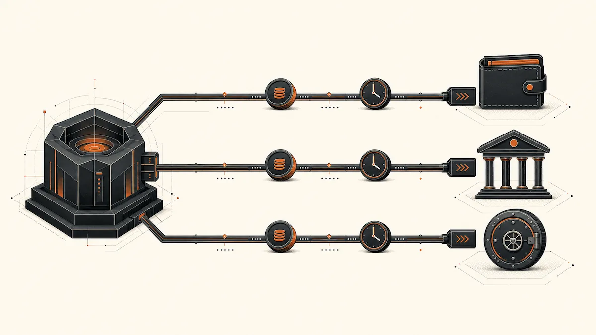 Three payout rails connect one platform balance to a wallet, local bank and payment account.