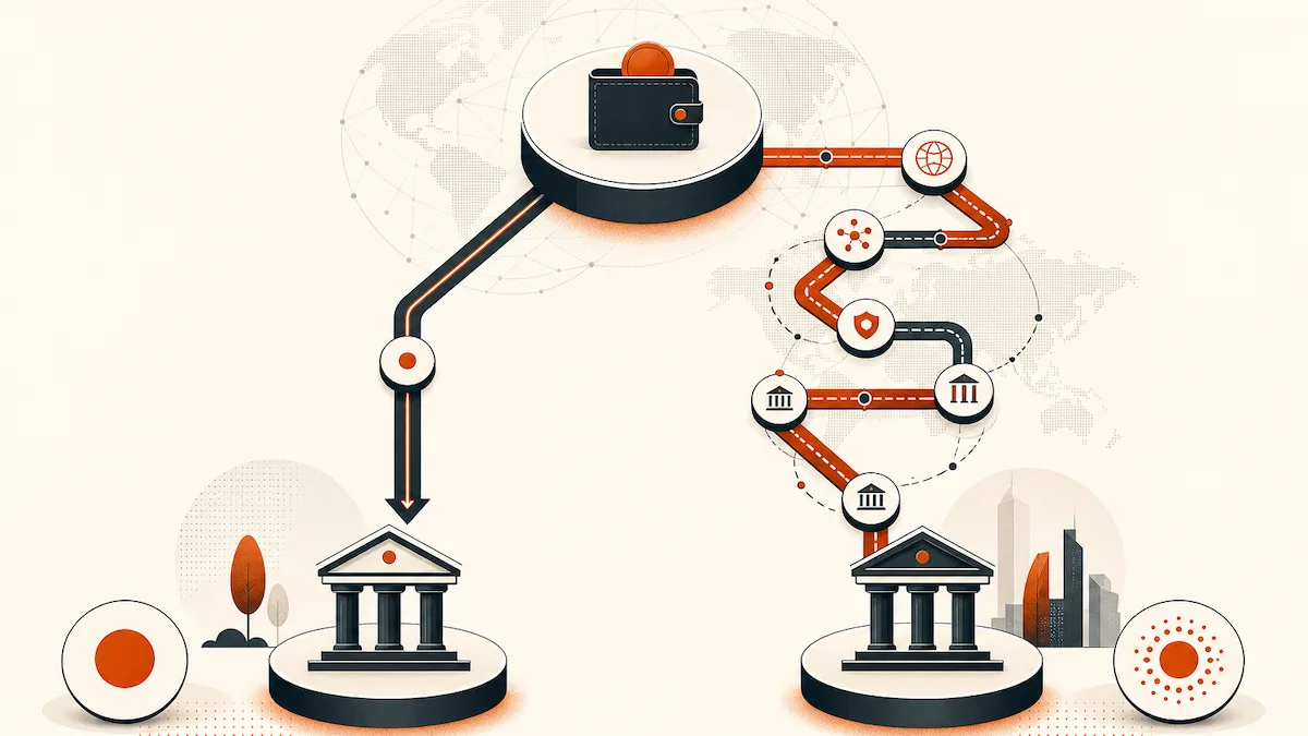 Two payout rails compare a direct local-bank transfer with a longer international wire route.