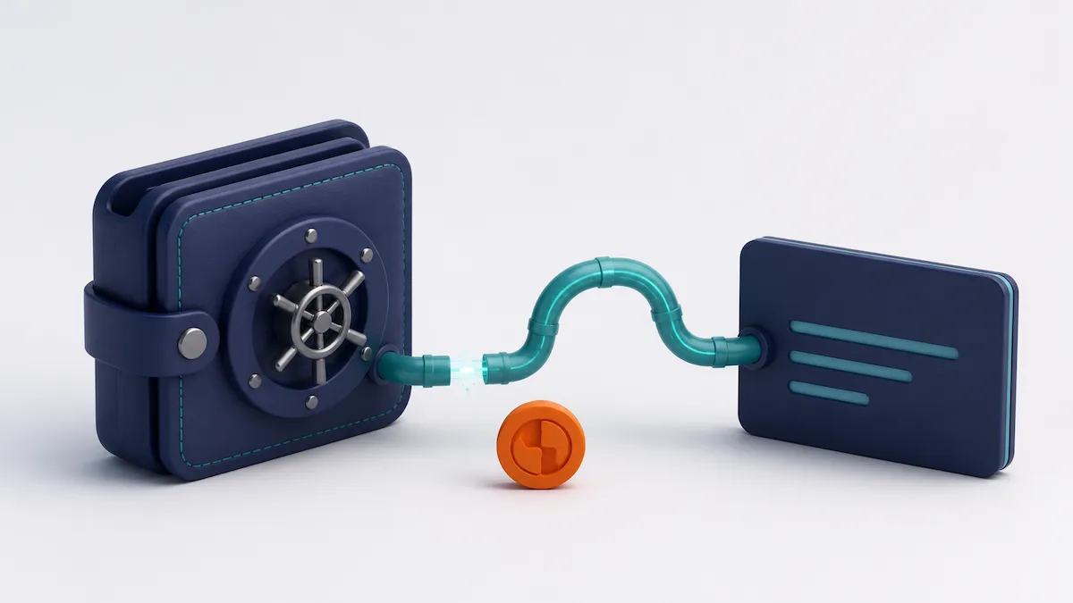 An indigo wallet vault and beneficiary account card are disconnected at an orange payout mismatch marker.