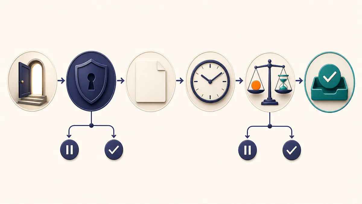 A six-stage decision path checks access, account and order eligibility, timing, and fee value before funds clear.