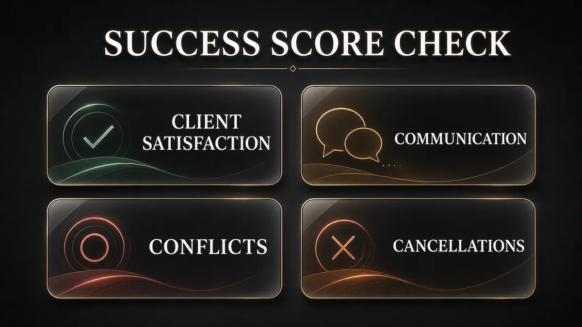 Four cards show client satisfaction, communication, conflicts, and cancellations.
