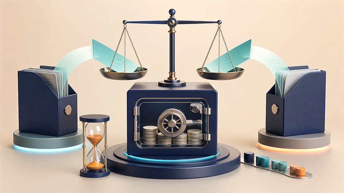 A secured milestone vault sits beneath balanced evidence files and an hourglass, showing a time-sensitive payment dispute.