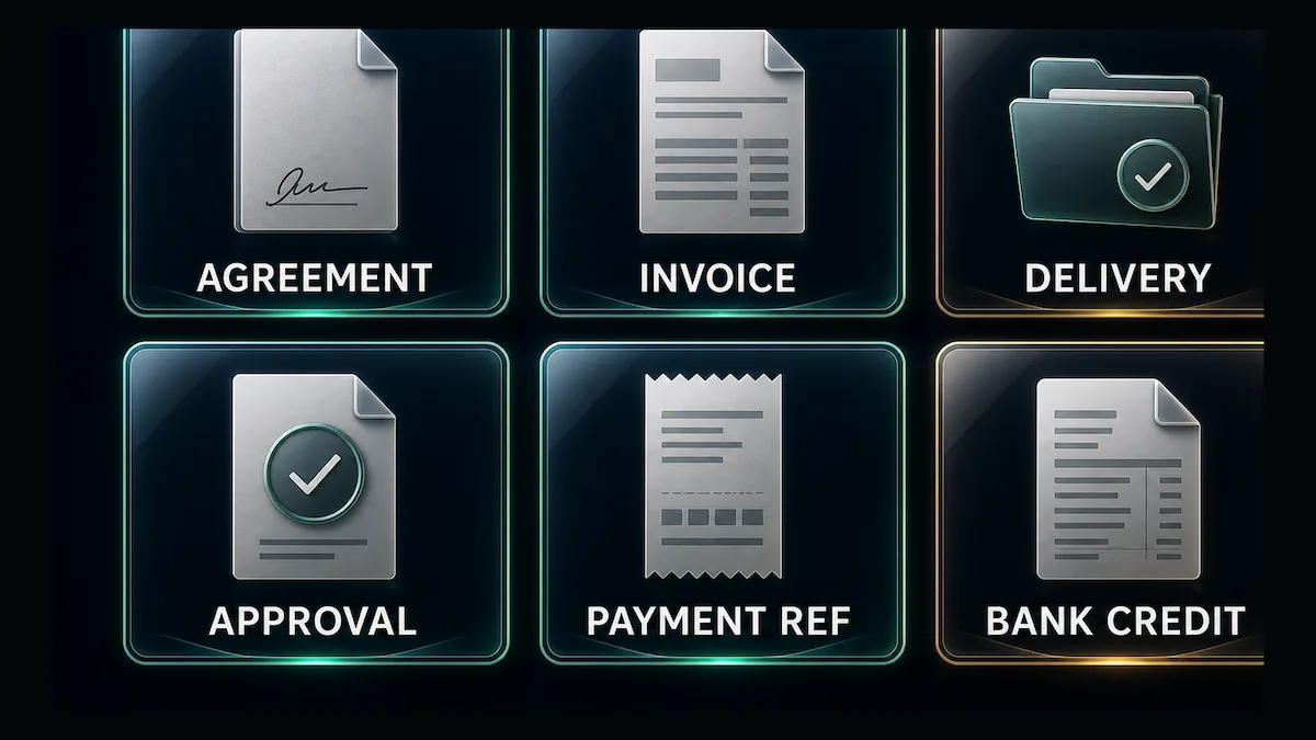 Six records to save: agreement, invoice, delivery, approval, payment reference and bank credit.