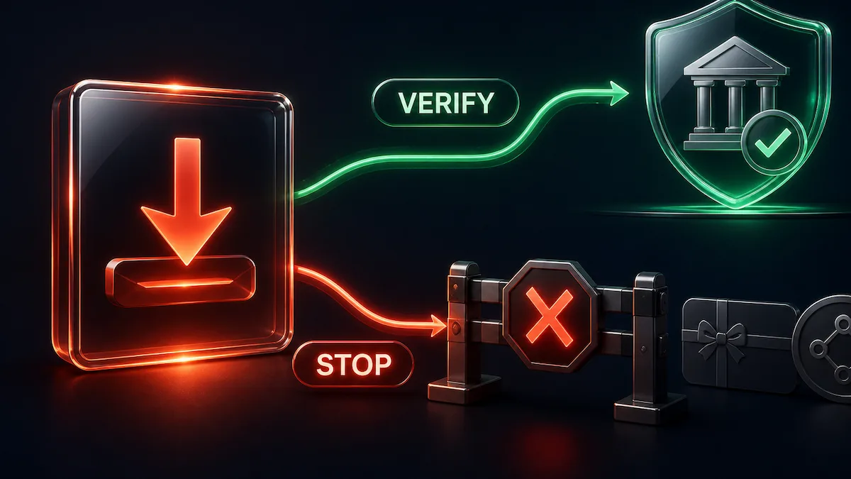 A suspicious overpayment route stops before gift cards or crypto while a separate path verifies the payment with a bank.