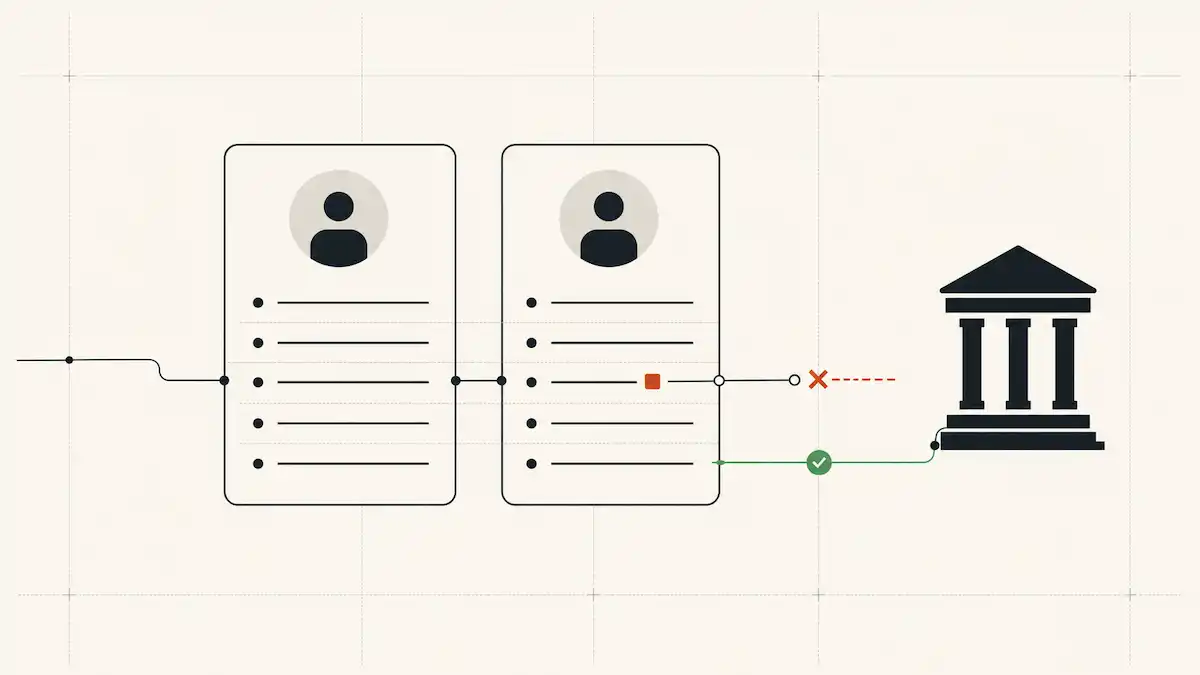 Two account records are checked for a beneficiary name mismatch before a payout reaches the bank.
