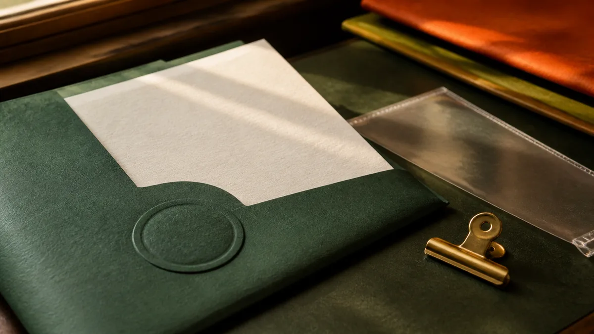 A blank remittance document sits in an archival folder with a plain seal.