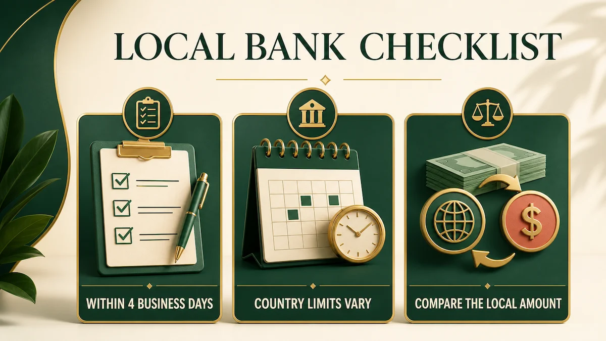 Three cards show timing, country limits, and local amount checks for an Upwork local bank withdrawal.