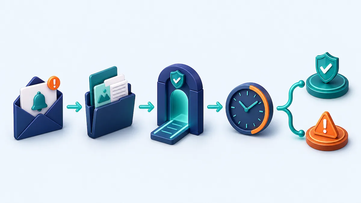 A symbolic appeal workflow moves from notice and evidence through one review gate to an approved or denied outcome.