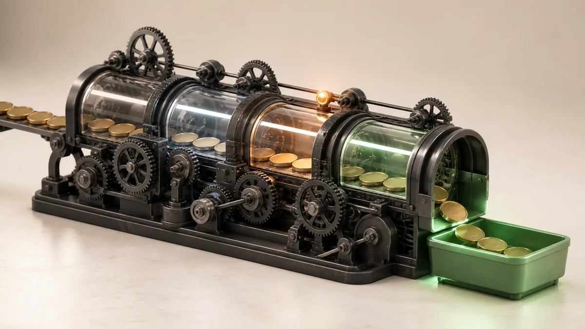 Payment tokens move through a timing mechanism toward an open receiving tray.
